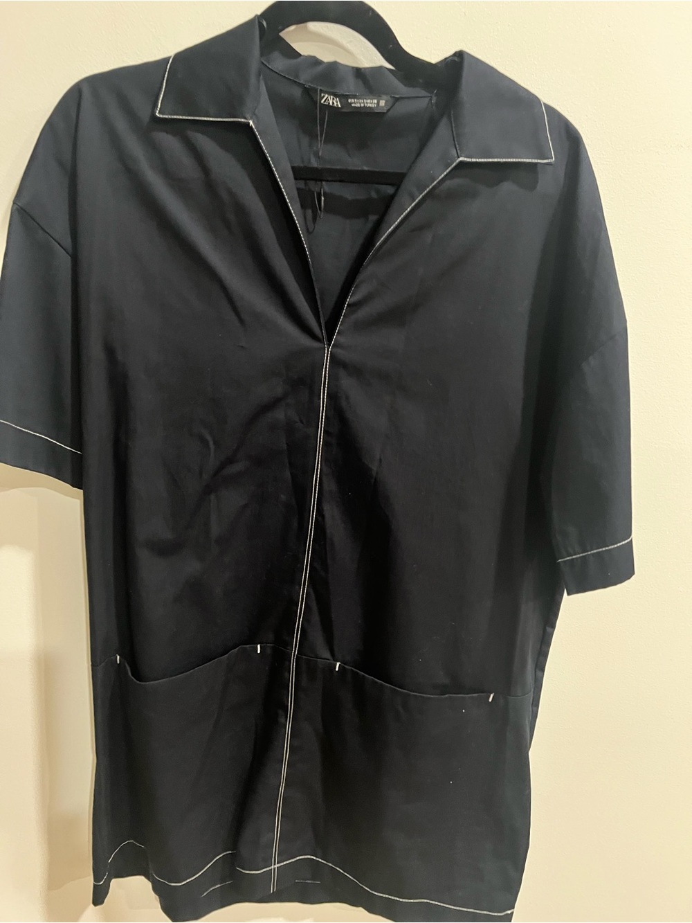 ZARA Navy Blue Cotton Mini Shirt Dress – Contrast Stitch Minimal Chic (Size S)